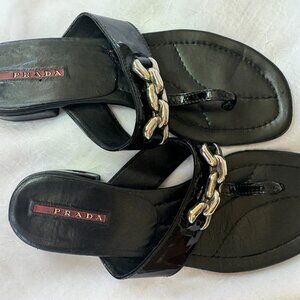 Prada black leather sandals with Silver tone chain embelleshment Size 36 1/2